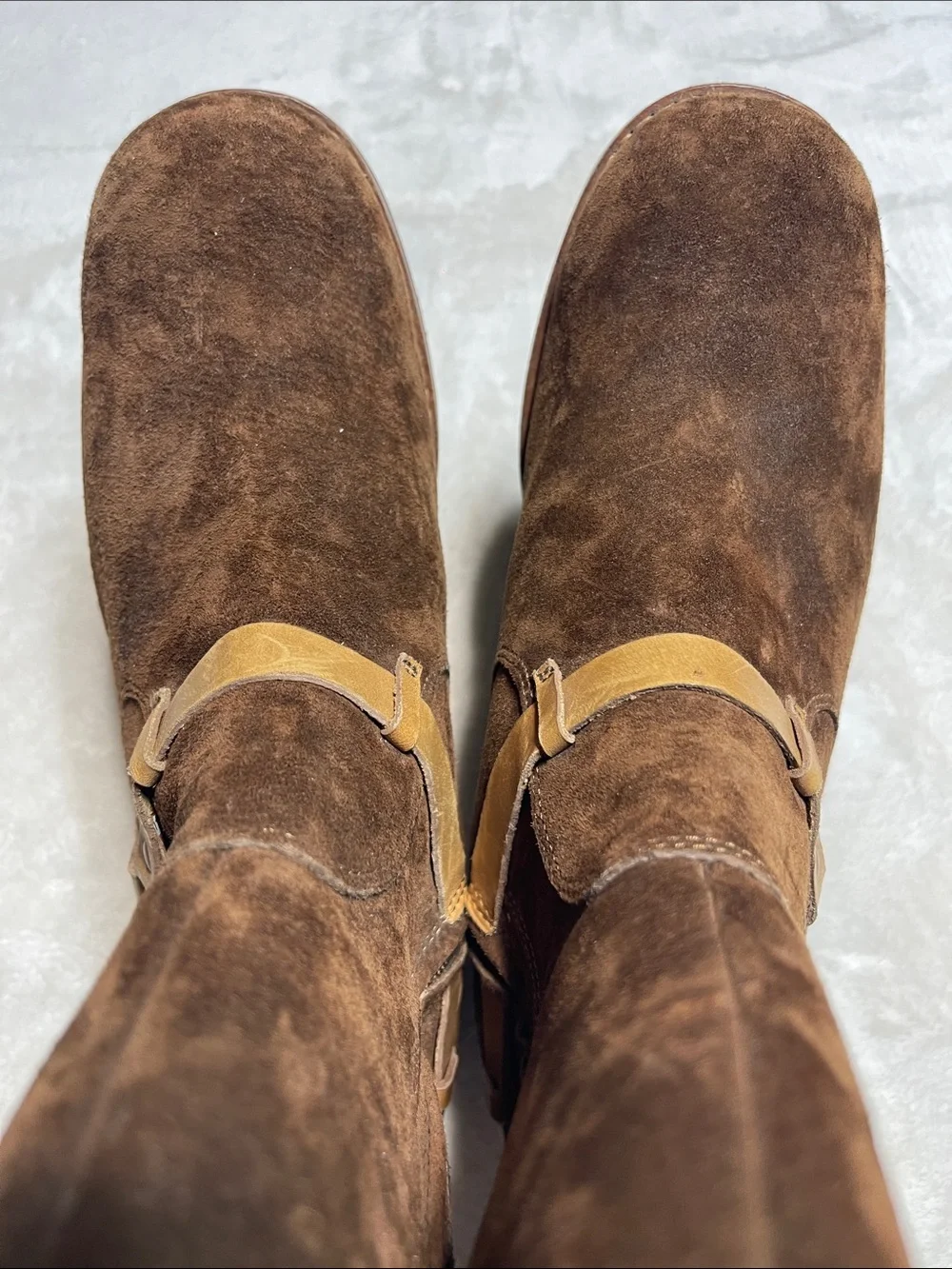 UGG Endell Brown Suede Harness Biker Booties with Tan Strap Accents Size 8.5